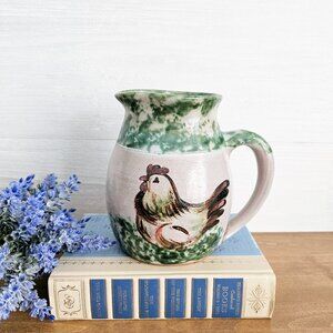 Studio Art Pottery Ceramic Green & Gray Chicken Rooster Jug Pitcher with Handle